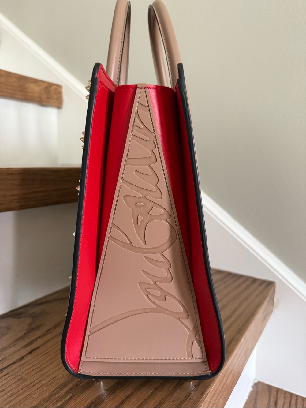 Christian Louboutin Paloma Tan Studded Leather Tote with Red Interior - Picture 3 of 5